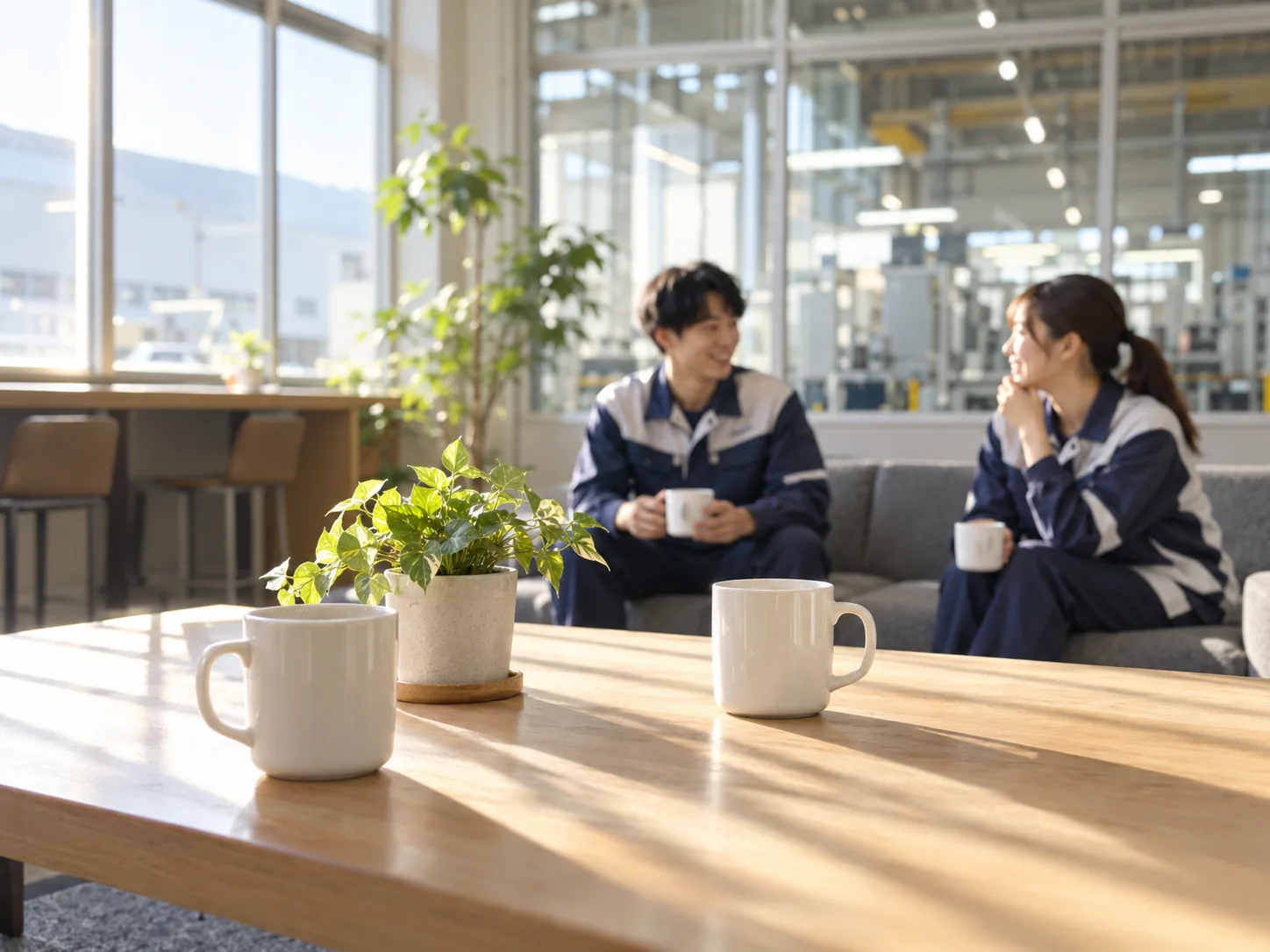 朝の光が差し込む休憩室のテーブルとコーヒー