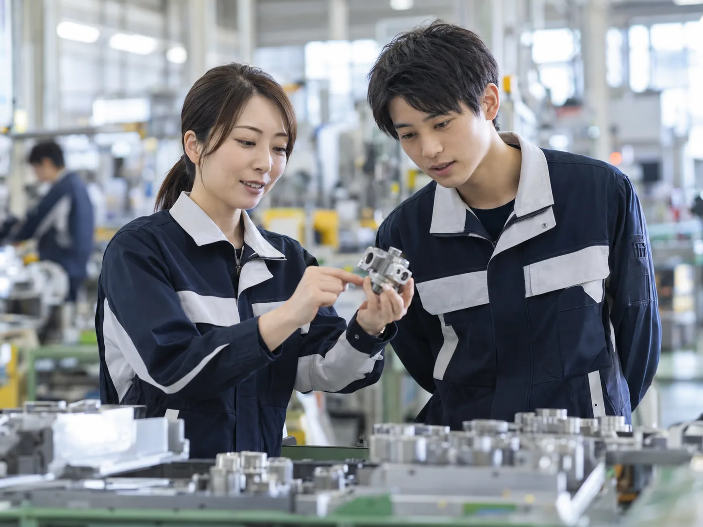 先輩スタッフと新人スタッフが部品を一緒に確認している様子