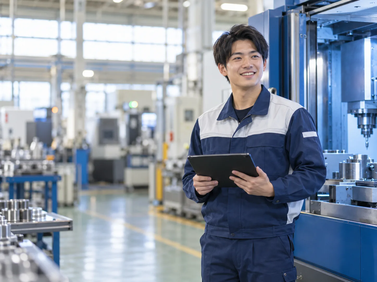 タブレットを手に笑顔で作業するスタッフ