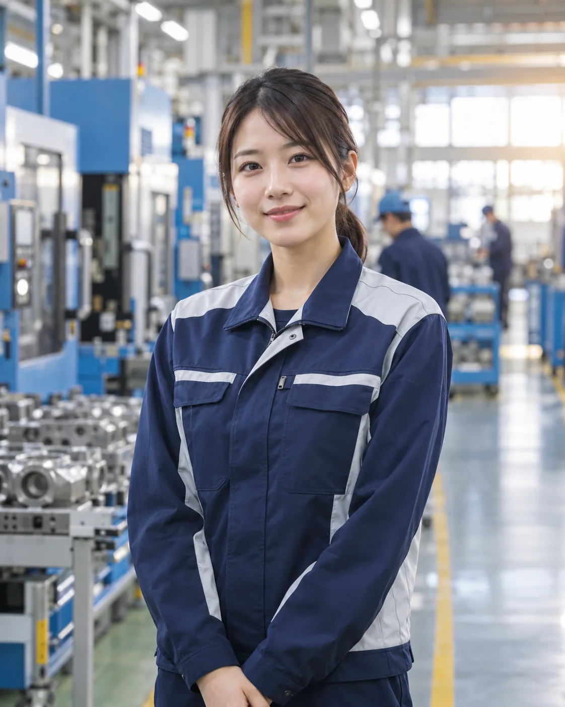 明るい生産ラインに立つミライテックの若手スタッフ